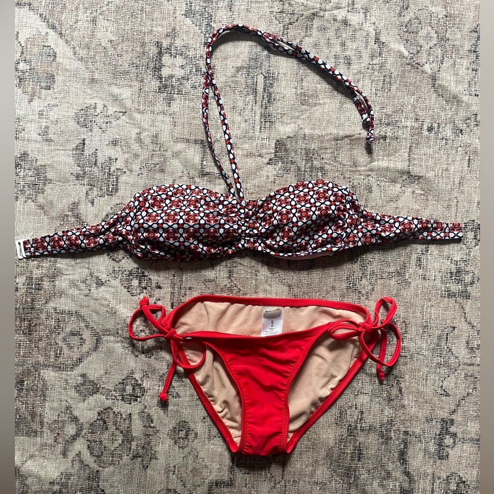 Old Navy Red Tie-Side Bikini with Patterned Bandeau Top